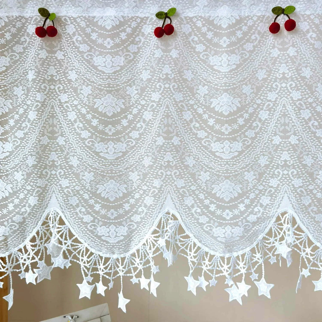 Rynx | White lace embroidery tulle kitchen curtain cherry pentagram wavy short curtain sweet coffee window half curtain