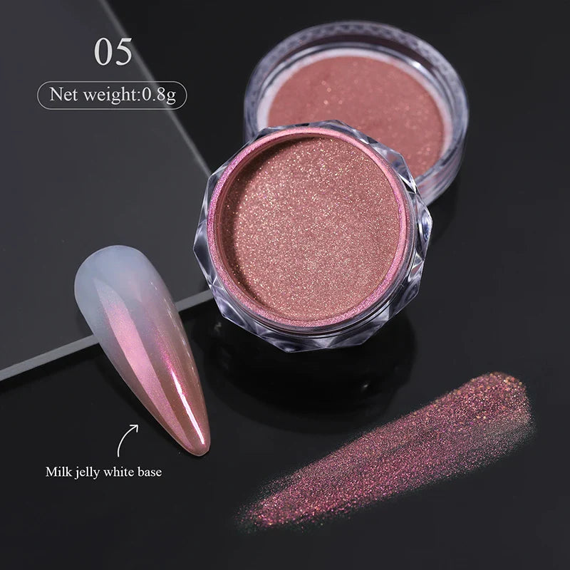 Rynx | Aurora Pearl White Nails Glitter Dust Chrome Gradient Rubbing on Powder Mirror Reflective Magnetic Pigment Nail Art Decorations