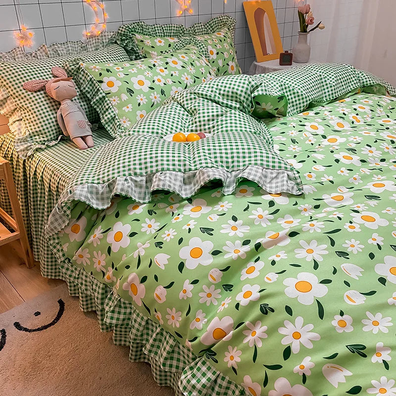 Lisslune | Korean-Vierteil-Set Herbst Winter Bettwäsche Prinzessinnenstil Spitzenbettbezug Blatt Frühling und Sommer Bett
