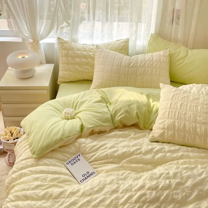 Rynx | Luxurious White Ruffled Seersucker Duvet Cover Soft Solid Color Bedding with Bed Sheet Pillowcases Twin Queen King Size
