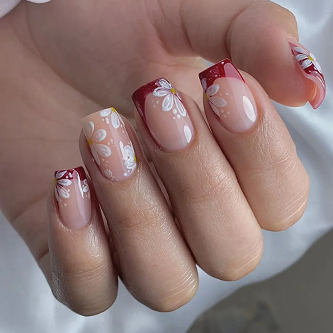 Rynx | Striped plaid pattern Pink flower nail art Simple fashion Spring artificial nails Removable ready-made fingernails press-on nails with glue