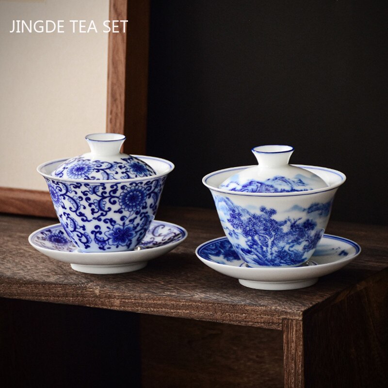 Lisslune | PorceVive Gaiwan Tea Cup | Handcrafted Porcelain with Landscape Pattern | Chinese Tea Set with Lid