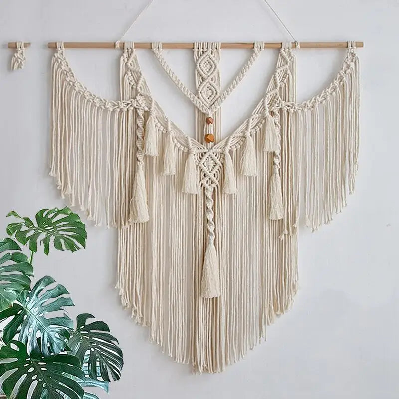 Rynx | Handmade Macrema Wallpaper Wall Tapestry Bohemia Tassel Curtain Wallpaper with Wooden Rod Art Decoration