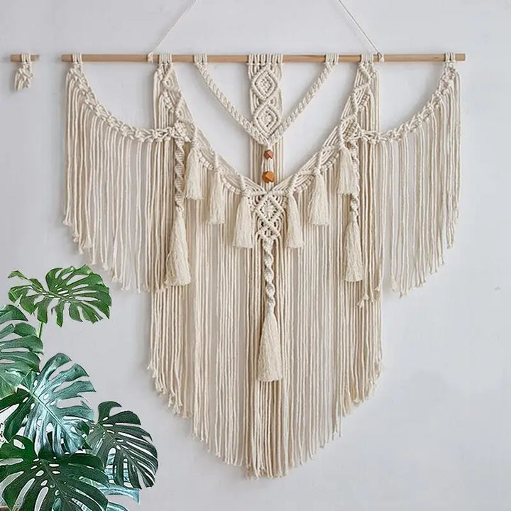 Rynx | Handmade Macrema Wallpaper Wall Tapestry Bohemia Tassel Curtain Wallpaper with Wooden Rod Art Decoration