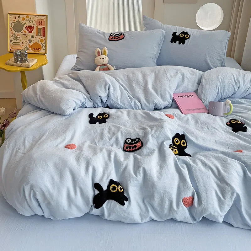 Rynx | Bedding set Super soft washed cotton towel embroidery duvet cover four-piece set - Lucky cat series