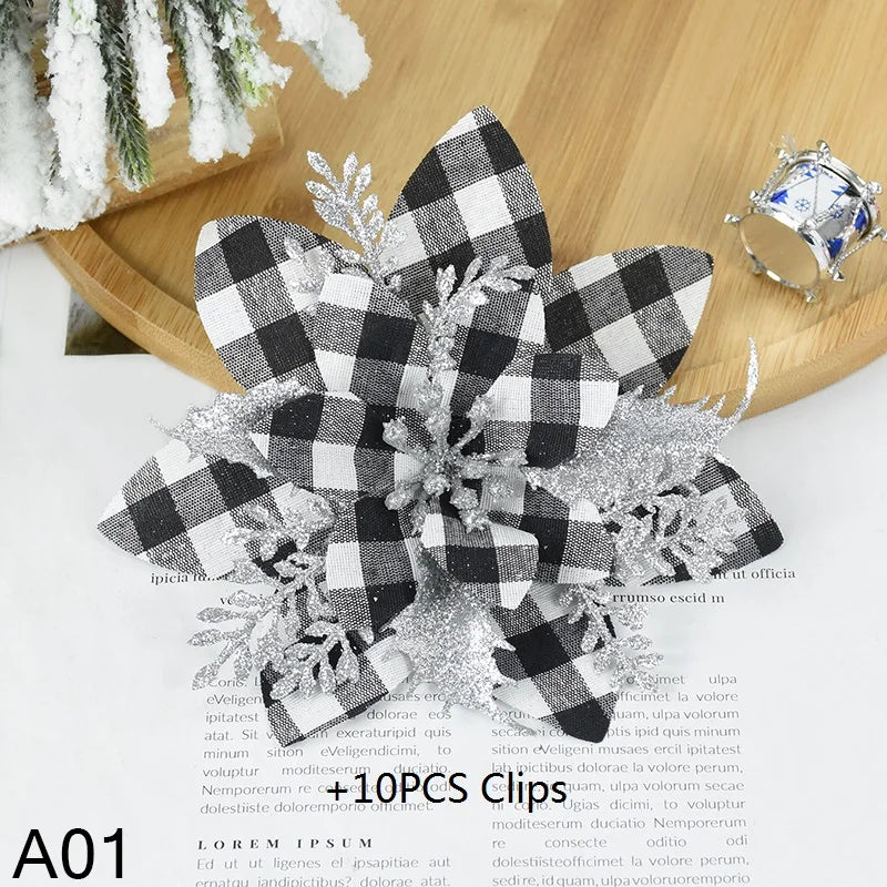 Rynx 5.7 inch artificial blue and black Christmas glitter flowers with clips 5/10 pieces Xmas tree flower ornaments Noel New Year decoration