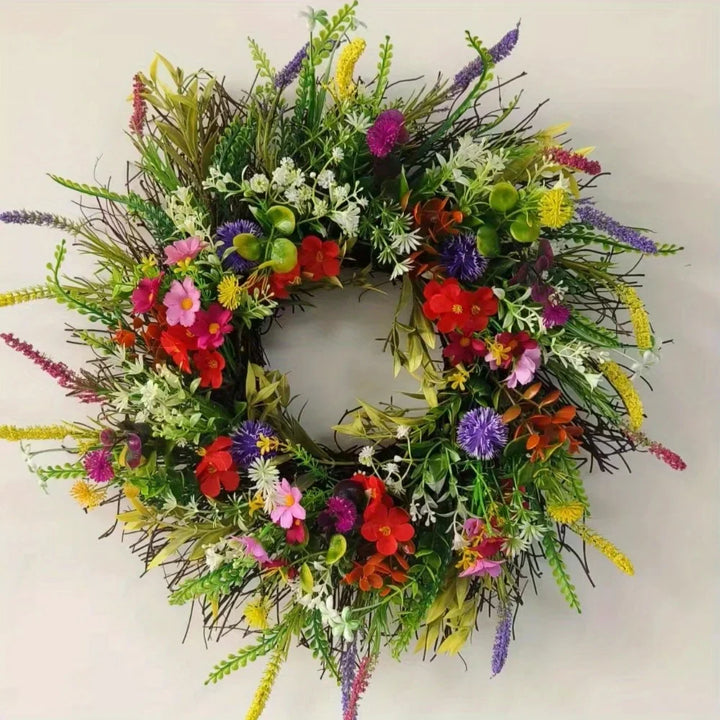 Rynx | Wildflower Wreath Spring Summer Wreath Front Door Artificial Flower Wreath Farmhouse Decor Fresh Green Plant Eternal Flower