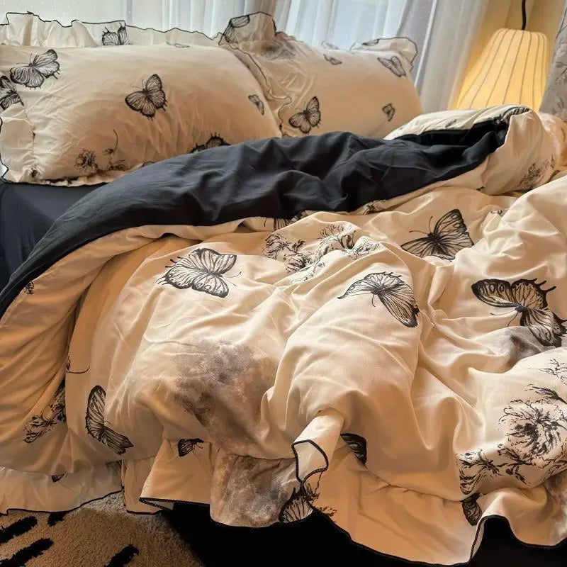 Rynx | Korean Princess Bedding Set Skin-friendly Washable Cotton Bedding Set of Four Pieces Lace Bedding Set Pillowcases Duvet Cover