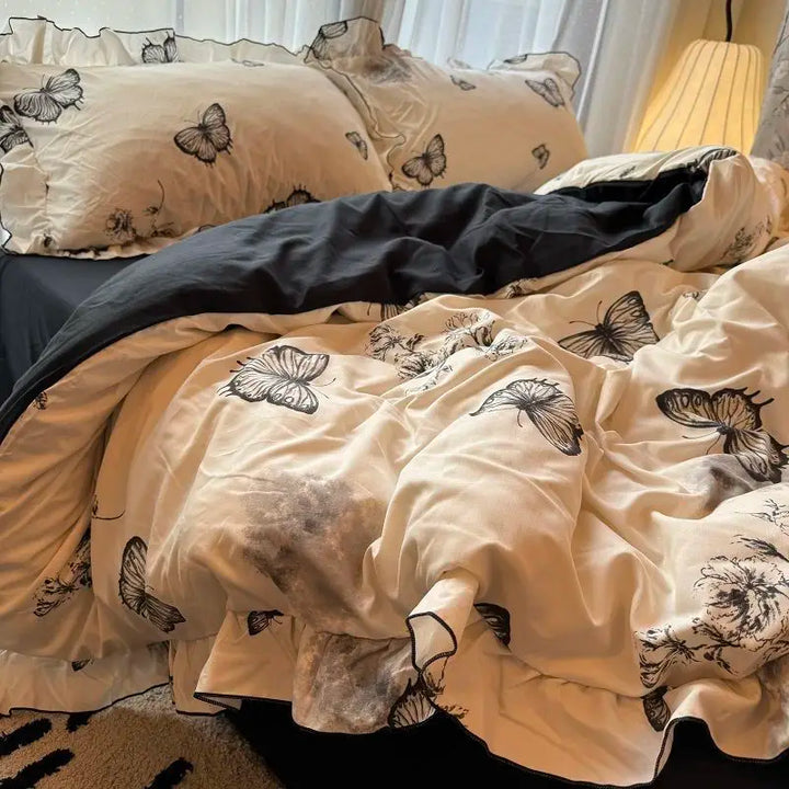 Rynx | Korean Princess Bedding Set Skin-friendly Washable Cotton Bedding Set of Four Pieces Lace Bedding Set Pillowcases Duvet Cover