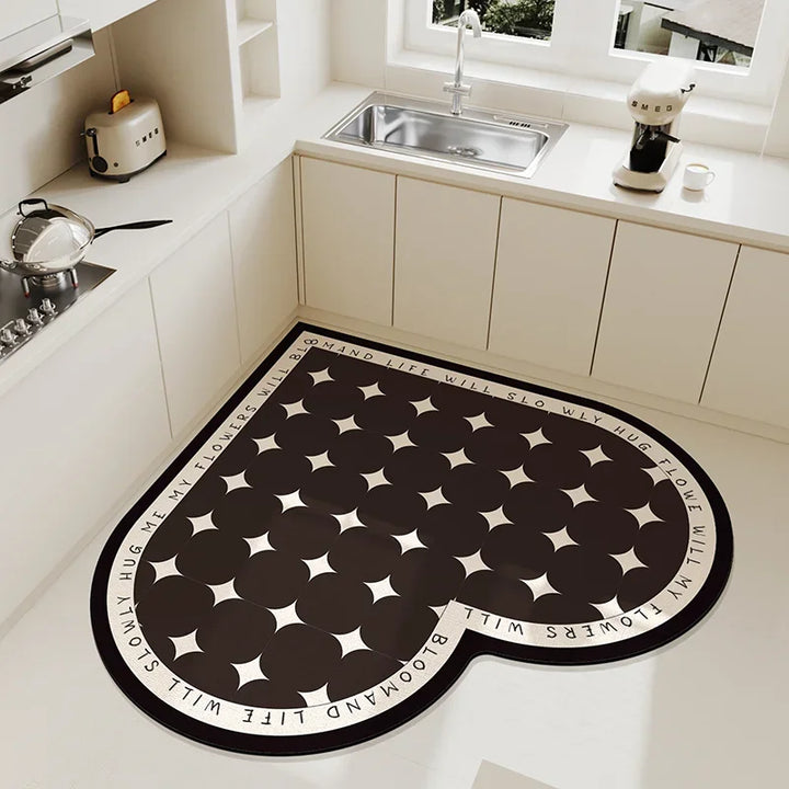 Rynx | Beige Cream Style Heart Pattern Kitchen Mat Irregular Water Absorbent Decorative Mat Easy to Clean Cuttable PVC Carpet