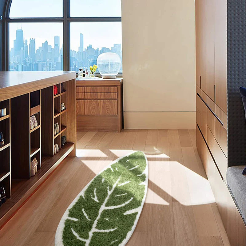 Rynx | Green Leaf Shape Palm Tree Tufted Carpet Soft Plush Rug Doormat Nightstand Rug Room Decoration Non-Slip Absorbent Bathroom Mat
