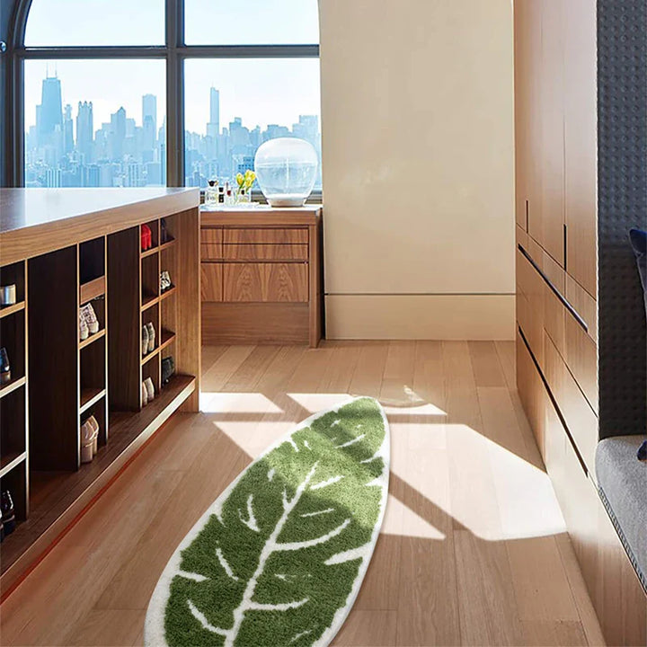Rynx | Green Leaf Shape Palm Tree Tufted Carpet Soft Plush Rug Doormat Nightstand Rug Room Decoration Non-Slip Absorbent Bathroom Mat
