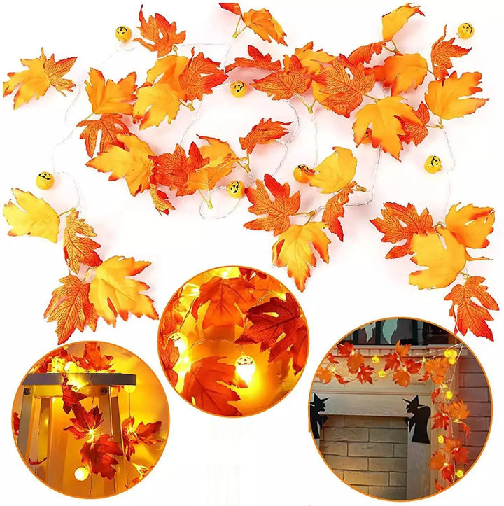 Rynx | Artificial Autumn Maple Leaves Pumpkin Garland LED Fairy String Light Christmas Thanksgiving Decoration DIY Halloween Party Home