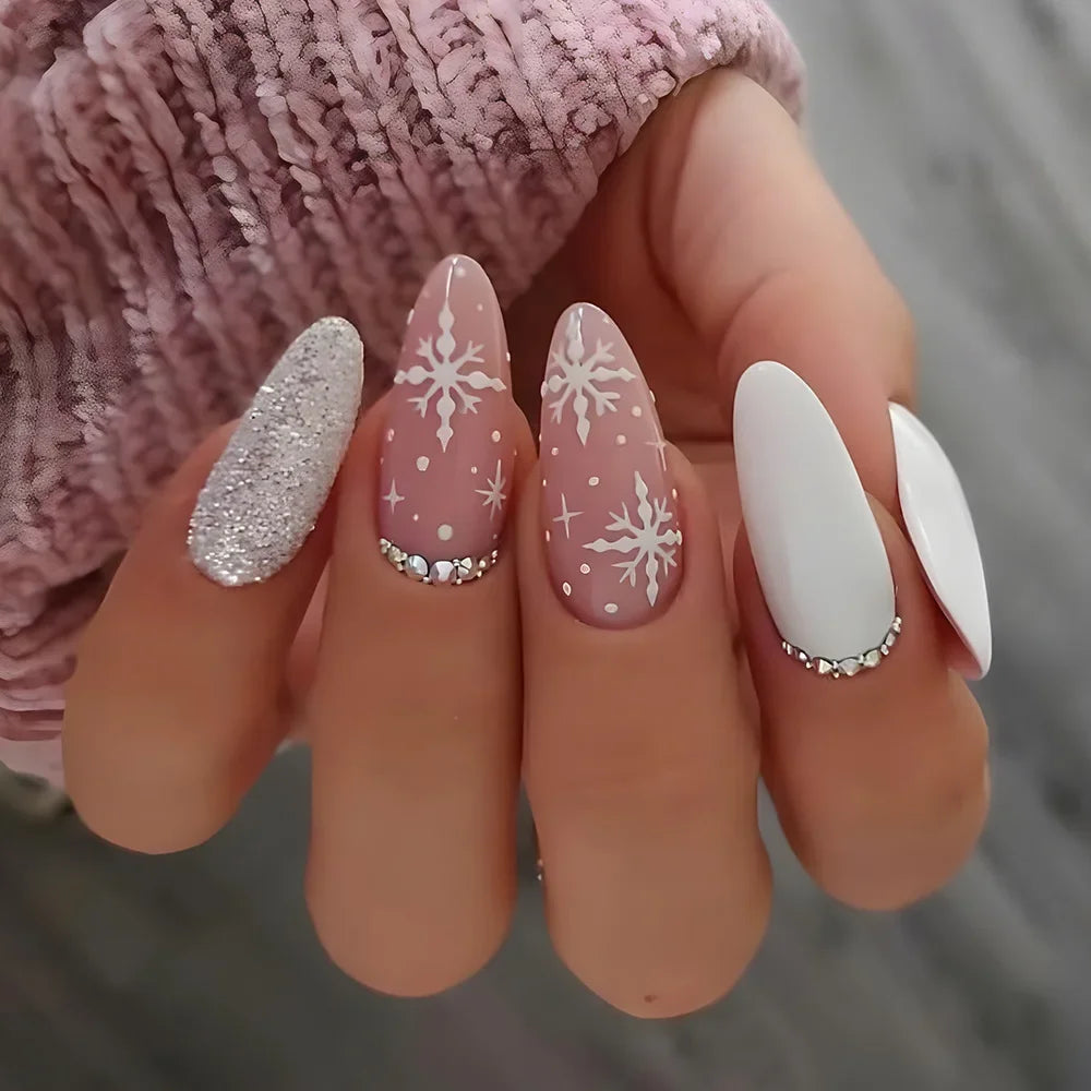 Rynx | Christmas Candy Gingerbread Man Bow Design Almond Shape Artificial Nails Removable Pre-made False Nails Press on Nails with Glue