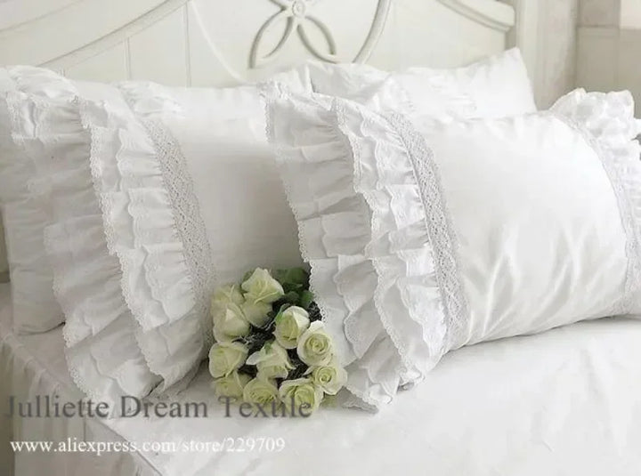 Rynx 1 Piece Princess Pure White Double Layer Lace Ruffle Cotton Wedding Pure Cotton Bedding Pillowcase Pillow Cover Autumn Decoration