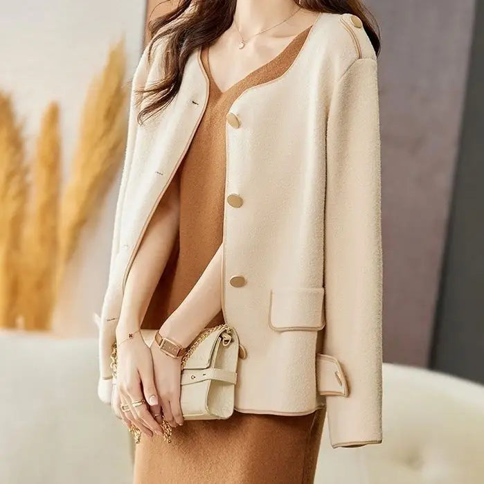 Rynx | Autumn and Winter Wool Clothing Small Scent Style Korean Collarless Loose Top Women Autumn and Winter Style Outer Wear Jackets