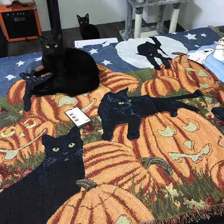 Rynx | Textile City Halloween Pumpkin Cat Tassel Throw Blanket Retro In Style Luxury Home Decor Soft Cover Thick Picnic Mat