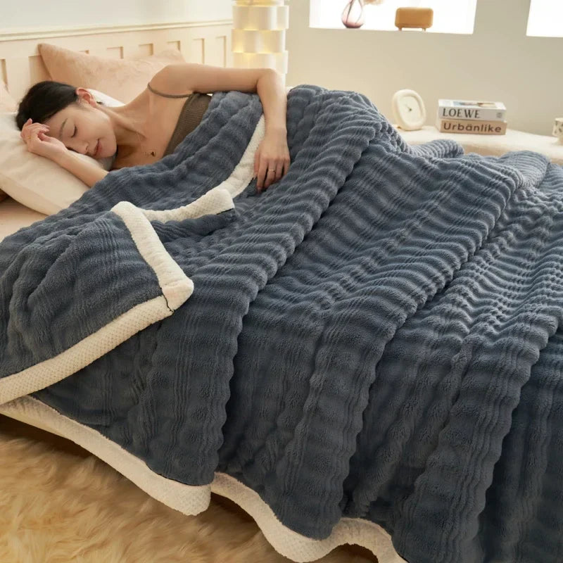 Rynx Artificial Rabbit Plush Autumn Winter Warm Blanket Striped Fluffy Warmth Sofa Blankets Soft Absorbent Breathable Nap Blanket