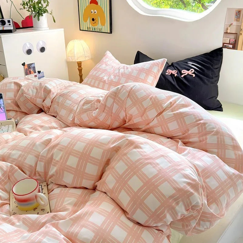 Rynx | Korean Bedding Set INS Girls Striped Soft Washed Cotton Bed Sheet Set Queen King Size Duvet Set Pillowcases Bed Linen
