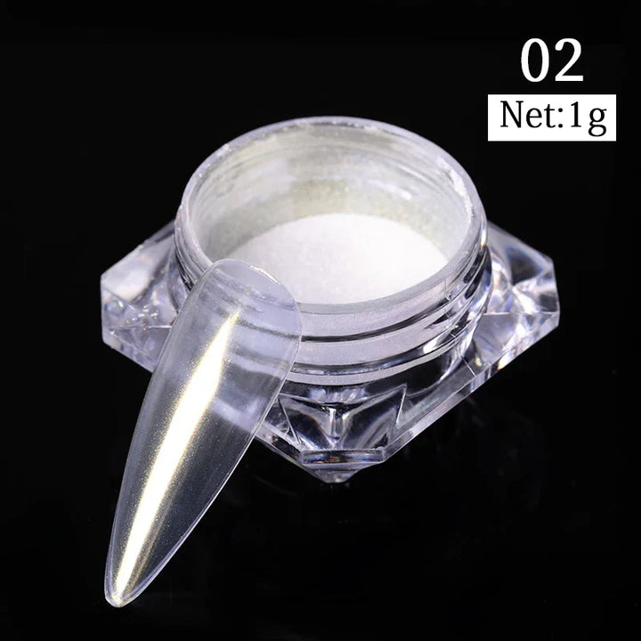 Rynx | Aurora Pearl White Nails Glitter Dust Chrome Gradient Rubbing on Powder Mirror Reflective Magnetic Pigment Nail Art Decorations