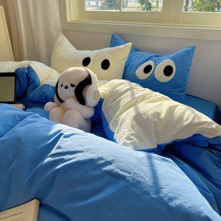 Rynx | In Black Big Eye Solid Color Bedding Set Girls Boys Flat Bed Sheet Blue Duvet Cover Pillowcase Washed Cotton Bedding Home Textiles