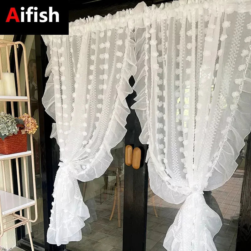 Rynx | 3D White Pompon Embroidery Tulle Modern Striped Sheer Curtains for the Living Room Ruffle Design Sheer Voile Window Draperies