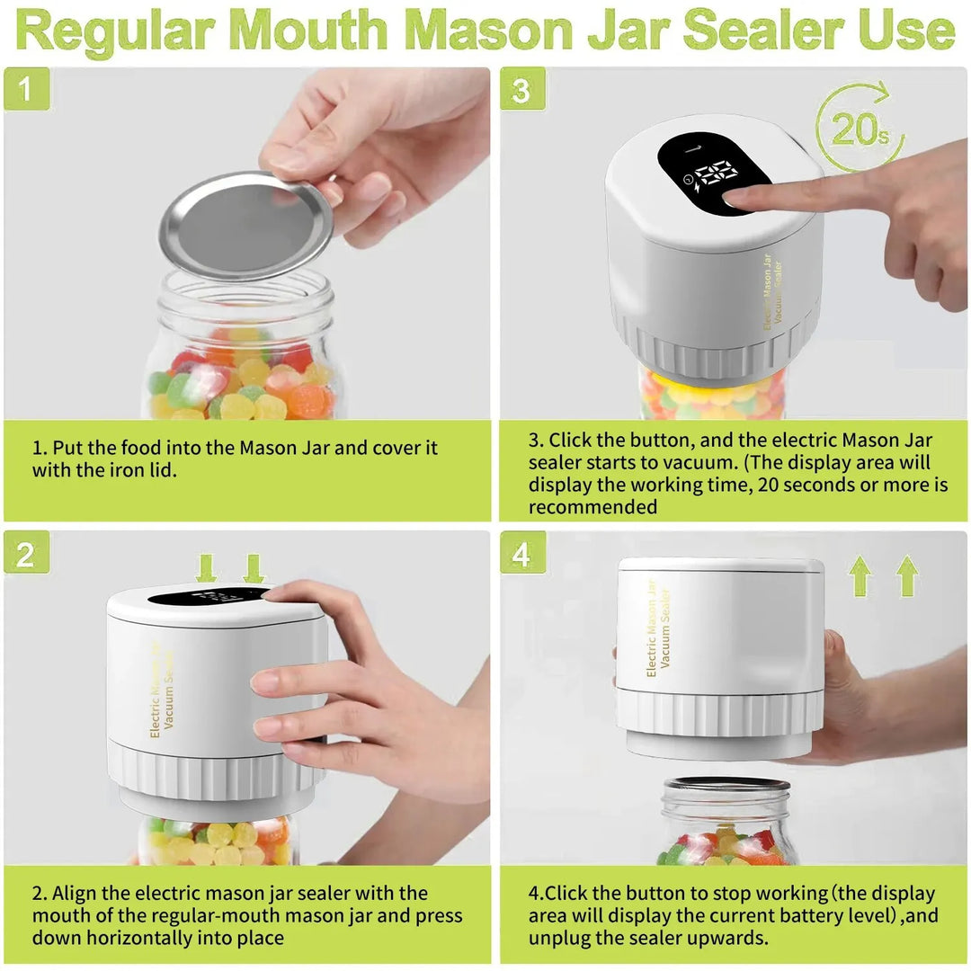 Lisslune | Electric Mason Jar Vacuum Sealing Set - Cordless Sealer for Wide Mouth and Regular Mason Jars - Ideal for Food Storage