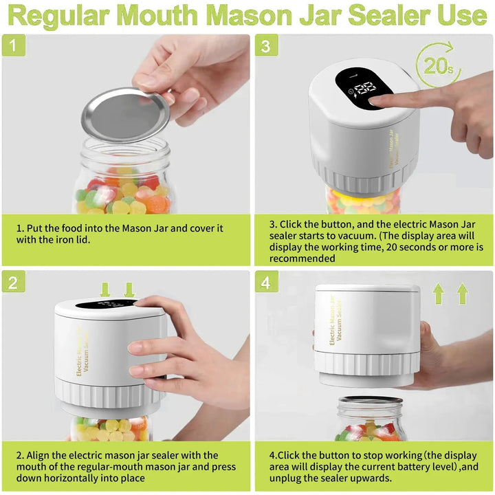 Lisslune | Electric Mason Jar Vacuum Sealing Set - Cordless Sealer for Wide Mouth and Regular Mason Jars - Ideal for Food Storage