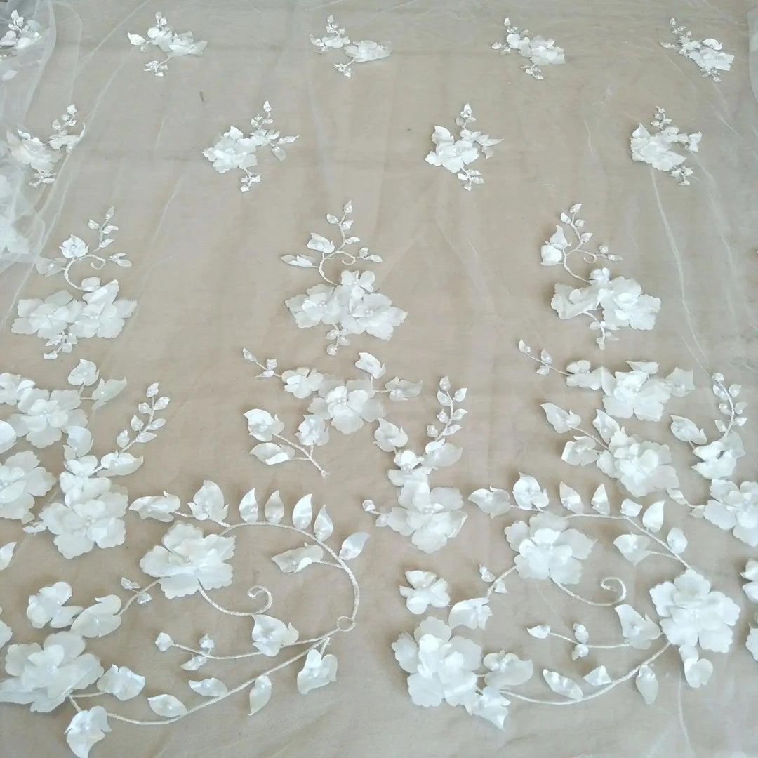 Lisslune | Elegant Ivory 3D Lace Fabric for Couture Wedding Dresses - 130cm wide, Price per Yard