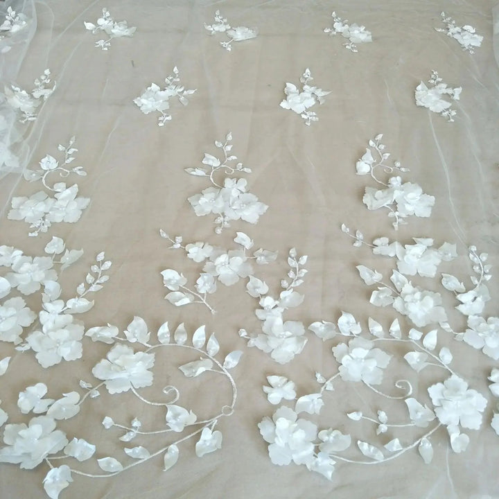 Lisslune | Elegant Ivory 3D Lace Fabric for Couture Wedding Dresses - 130cm wide, Price per Yard