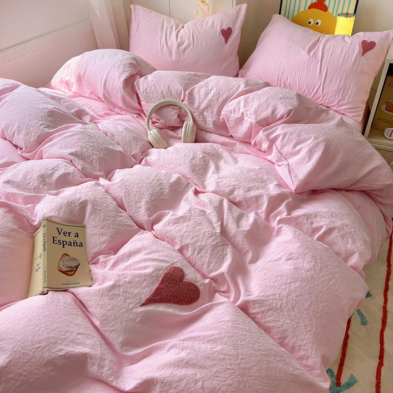 Rynx | Sweet Blue Heart Bedding Set in Nordic Embroidery Bed Sheet Set of Four Pieces for Home Luxurious Duvet Cover Set for Girls
