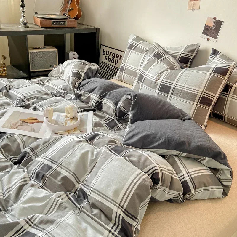 Rynx Japanese Style Check Queen Duvet Cover Set 1/3 Pieces Soft Washed Duvet and Pillowcase or just Duvet Covers Skin-Friendly