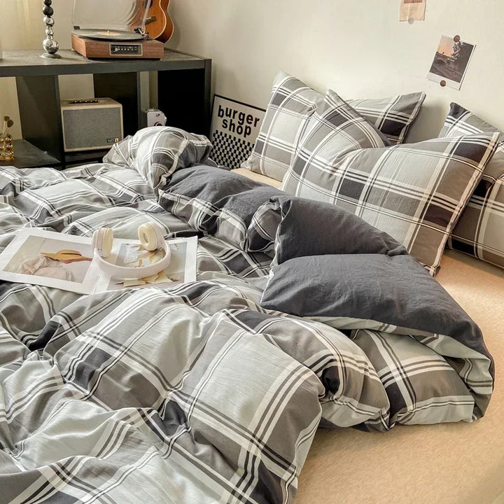 Rynx Japanese Style Check Queen Duvet Cover Set 1/3 Pieces Soft Washed Duvet and Pillowcase or just Duvet Covers Skin-Friendly
