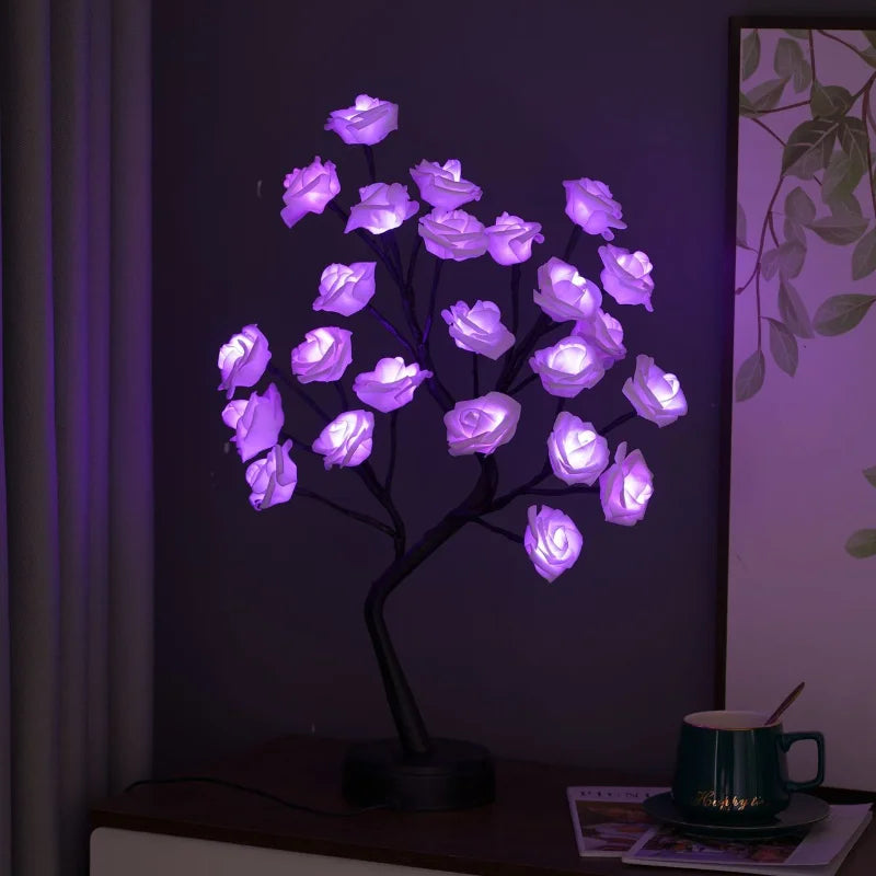 Lisslune | RGB Rose Flower Tree Lights 24LED USB Battery Table Lamp Fairy Night Light Home Party Christmas Wedding Bedroom Decoration Gift