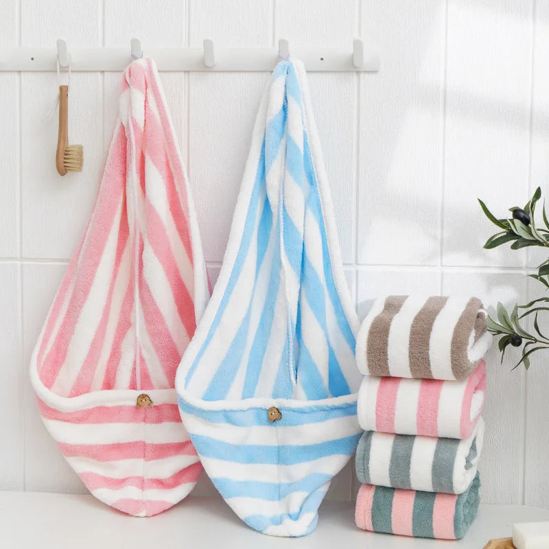 Rynx Microfiber Hair Towel Wrap Thickened Coral Velvet Cationic Dry Hair Cap Water Absorption and Quick Drying Striped Shower Cap