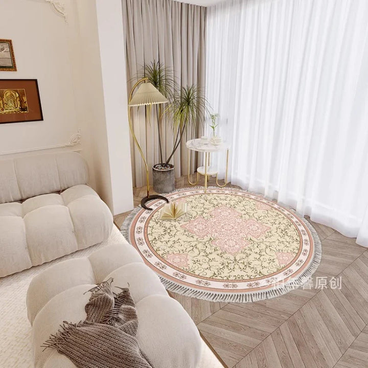 Rynx | French Retro Living Room Round Fringe Carpet Ethnic Style Bedroom Carpet Luxury Art Home Carpet Floral Geometric Plush Rugs Wallpaper