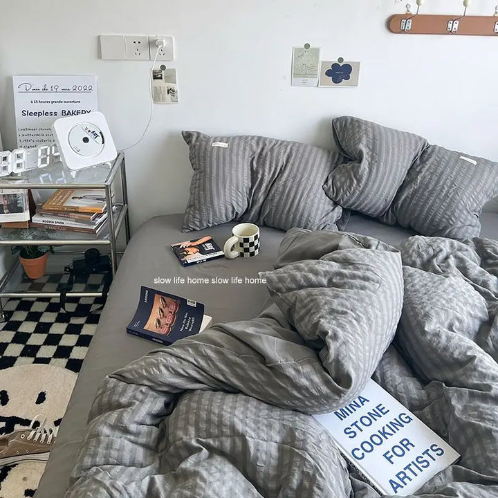 Rynx | Bedding Set Luxury High-Quality Lightweight Washable Cotton Waffle Four Pieces Olive Green Duvet Cover Bed Sheet Dormitory Three Pieces