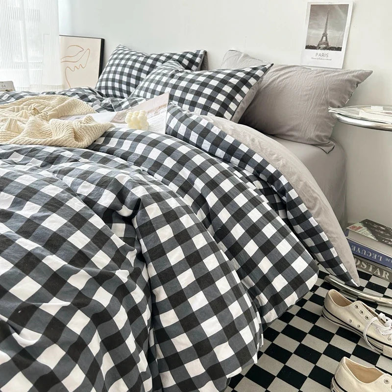 Rynx | Bedding washed cotton striped grid minimalist bed sheet set duvet sets queen duvet double for boys and girls