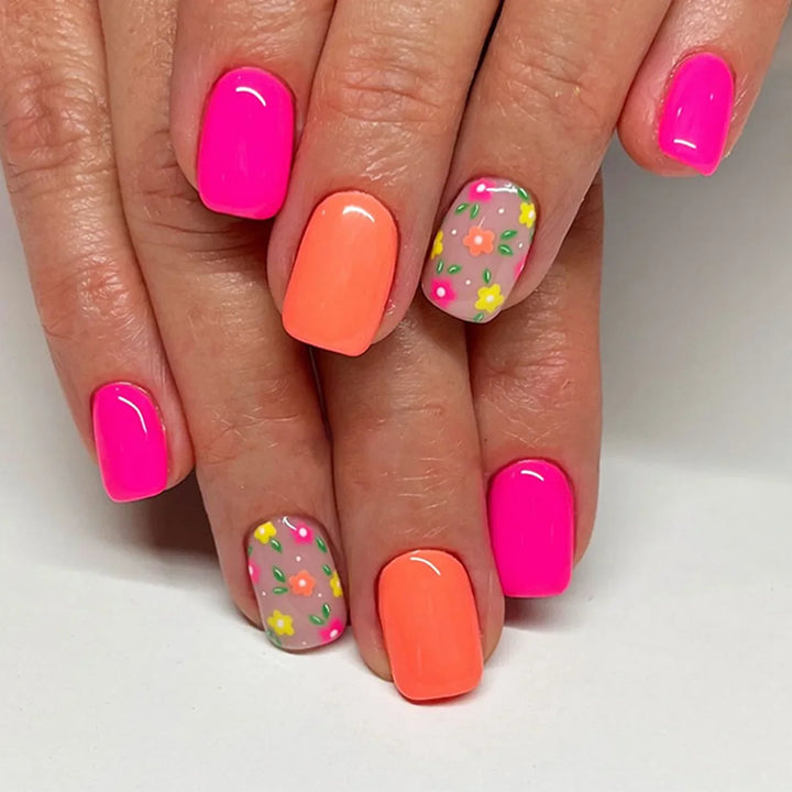 Rynx | Striped plaid pattern Pink flower nail art Simple fashion Spring artificial nails Removable ready-made fingernails press-on nails with glue