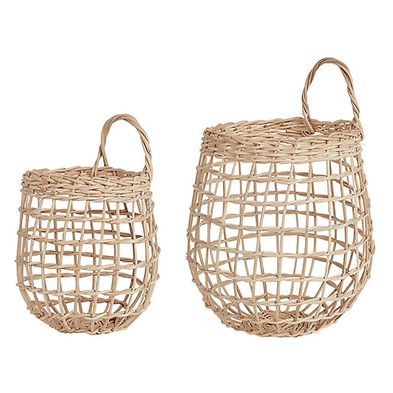 Rynx | Handcrafted Rattan Storage Basket Hanging Organizer with Handle Flower Fruit Vegetable Holder Support Home Kitchen Wall Decoration