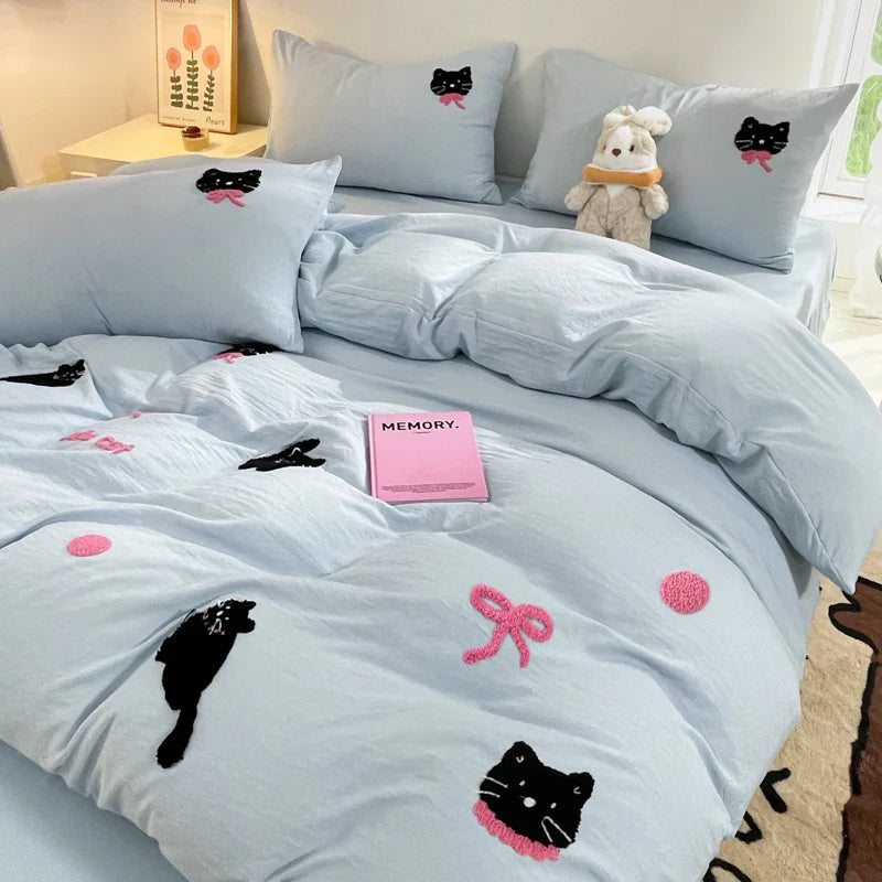 Rynx | Korean Style Pink Bedding Set Black Cat Embroidery Washed Cotton Duvet Cover Cute Cartoon Bedding Comforter Sets