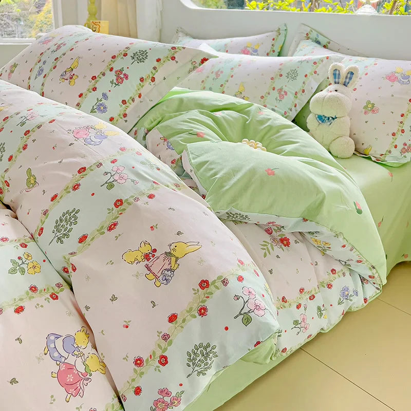 Rynx | Hot Flora Style 100 % Cotton Bedding Set Printed Four Piece Set Pure Cotton Sheet Set Duvet Cover Queen King Size