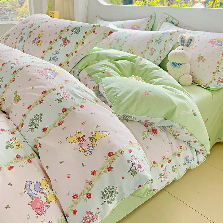 Rynx | Hot Flora Style 100 % Cotton Bedding Set Printed Four Piece Set Pure Cotton Sheet Set Duvet Cover Queen King Size