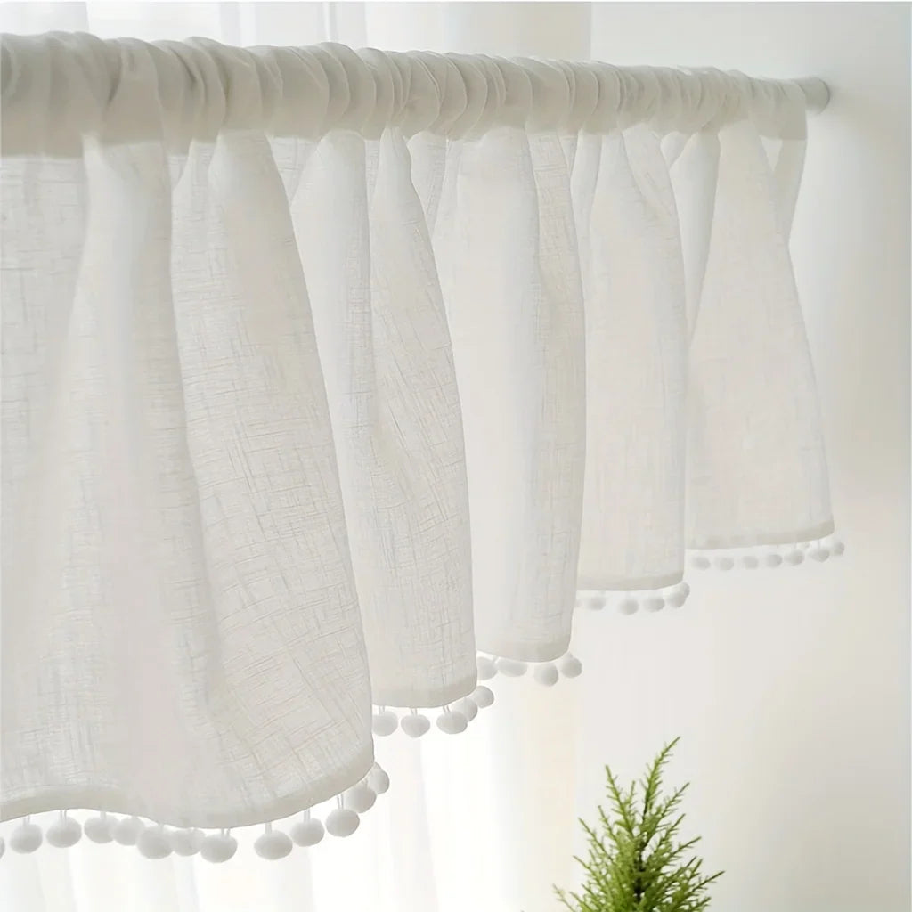 Rynx | 1 piece artificial linen cross pattern lace cotton ball short curtain half curtain small curtain Japanese and Korean style decorative curtain for kitchen furniture restaurant window curtain