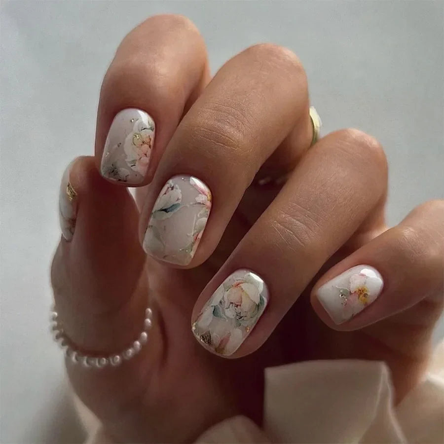 Rynx | Striped plaid pattern Pink flower nail art Simple fashion Spring artificial nails Removable ready-made fingernails press-on nails with glue