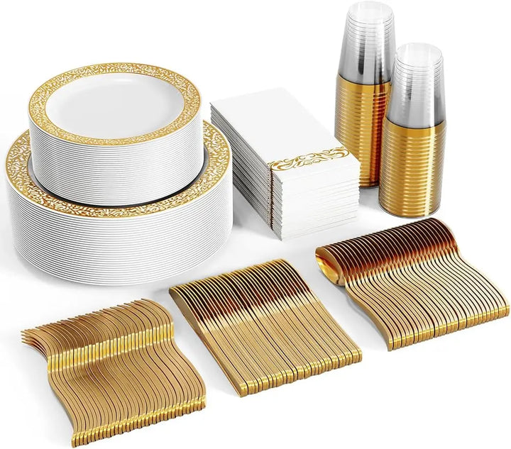 Lisslune | 350pcs Disposable Gold Lace Dinnerware Set for 50 Guests