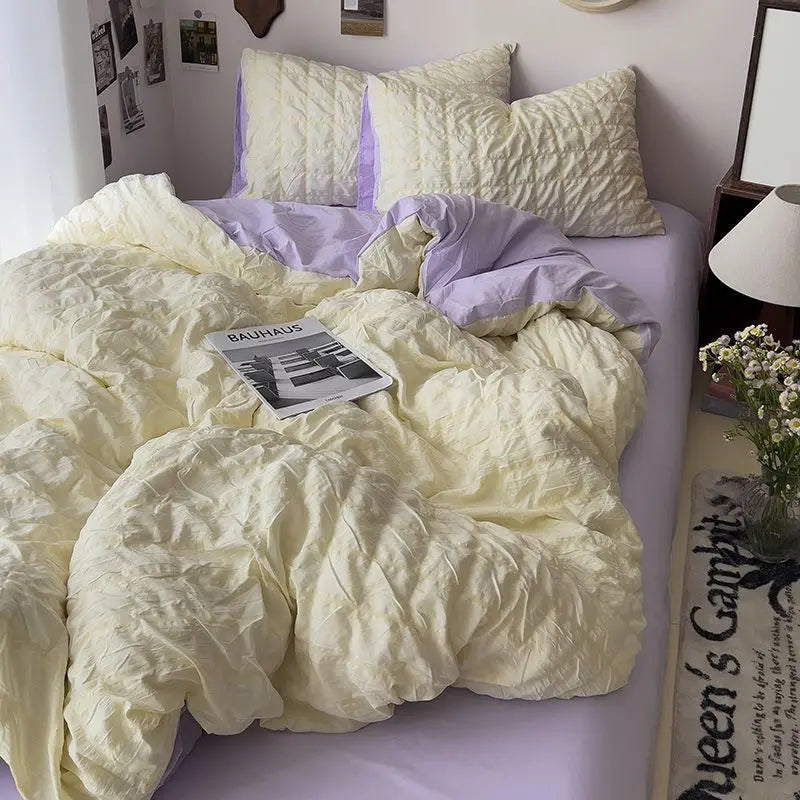 Rynx | Seersucker Princess Girl Bed Linen Set Duvet Cover Korean Four-Piece Washed Cotton Bed Sheet Blanket Set