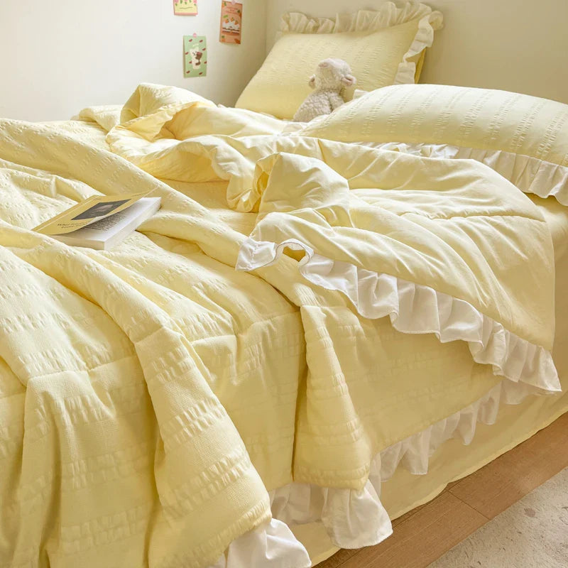 Rynx | Korean Princess Style Summer Cool Quilt Comforter Soft Seersucker Lace Ruffle Summer Thin Quilt Blanket Machine Washable