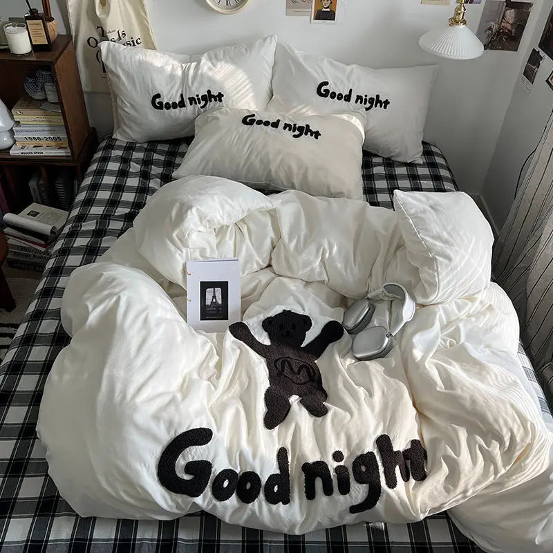 Rynx | Ins Cartoon Bedding Set Teddy Bear Washed Cotton Towel Embroidered Solid Color Bed Sheets Dorm Student Duvet Cover Set