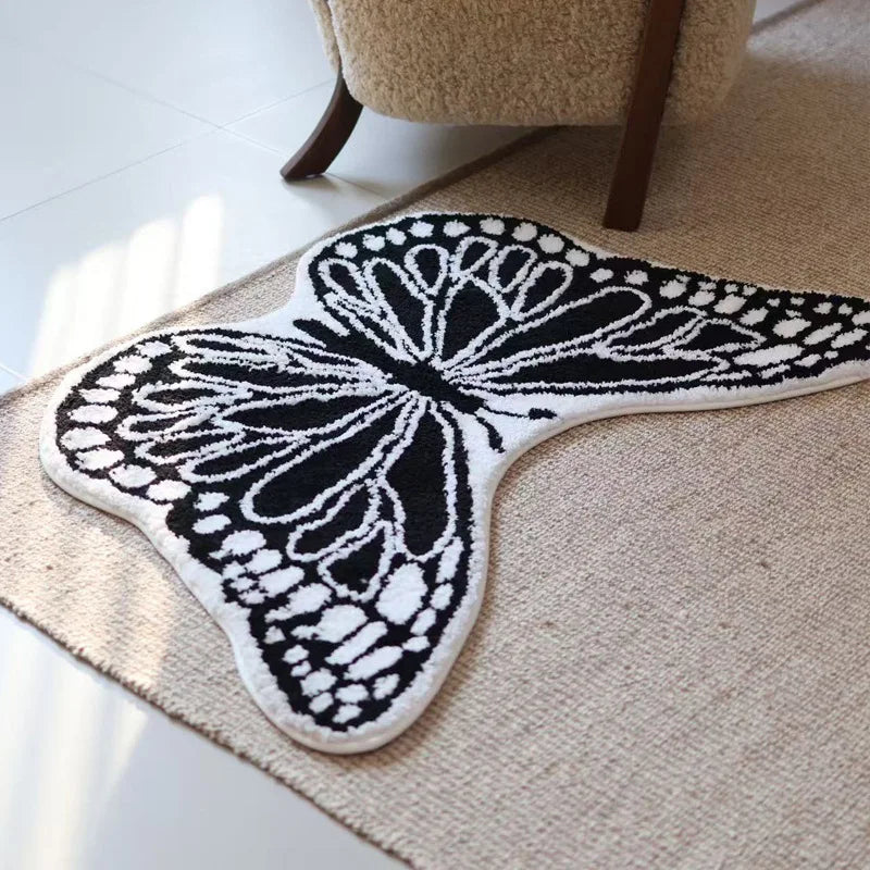 Rynx | Black White Tufting Butterfly Bedroom Rug Living Room Floor Mat Nightstand Mat Aesthetic Home Children's Room Nursery Decor